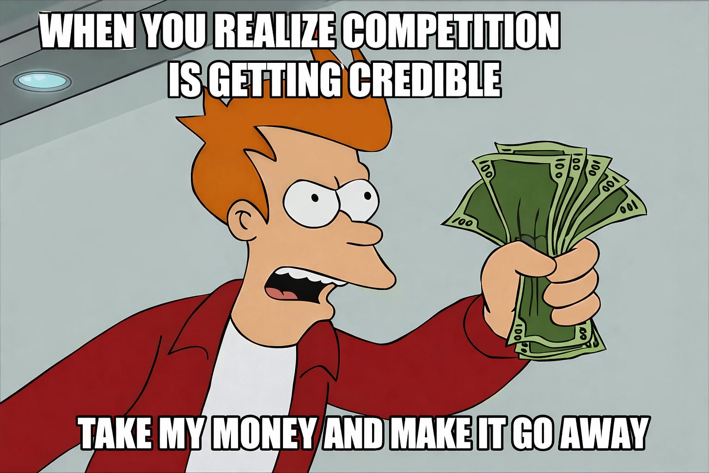 Futurama character Fry holding cash with an aggressive expression, commonly used to depict impulsive spending.