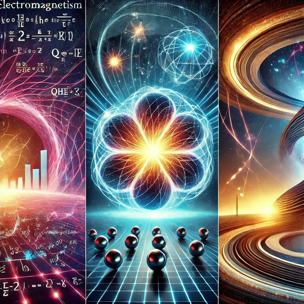 A visually striking collage of three foundational scientific theories with a conceptual illustration of the Fiero Theory of Magnetivity in the center. The collage shows:
1. **Electromagnetism** - An illustration of Maxwell’s equations with electric currents creating swirling magnetic fields.
2. **Quantum Electrodynamics (QED)** - A subatomic scene showing photons interacting with particles, symbolizing light and matter interaction at the quantum level.
3. **General Relativity** - Curved space-time around a large mass, with gravitational lensing and bending light.
In the center, **Magnetivity** is depicted as a vibrant, unified force, represented by an abstract magnetic field structure that connects to each surrounding theory. Glowing lines radiate from Magnetivity, symbolizing its influence over mind, matter, and space-time, integrating elements of each theory. Cosmic and futuristic ambiance, suggesting exploration of interconnected universal forces. A visually striking collage of three foundational scientific theories with a conceptual illustration of the Fiero Theory of Magnetivity in the center. The collage shows:
1. **Electromagnetism** - An illustration of Maxwell’s equations with electric currents creating swirling magnetic fields.
2. **Quantum Electrodynamics (QED)** - A subatomic scene showing photons interacting with particles, symbolizing light and matter interaction at the quantum level.
3. **General Relativity** - Curved space-time around a large mass, with gravitational lensing and bending light.
In the center, **Magnetivity** is depicted as a vibrant, unified force, represented by an abstract magnetic field structure that connects to each surrounding theory. Glowing lines radiate from Magnetivity, symbolizing its influence over mind, matter, and space-time, integrating elements of each theory. Cosmic and futuristic ambiance, suggesting exploration of interconnected universal forces.