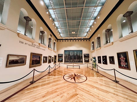 arch, gallery, display, paintings, floor, skylight
