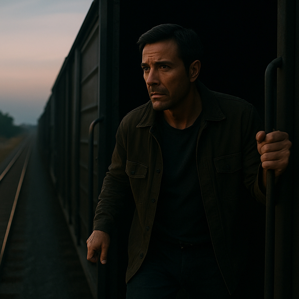 A rugged middle-aged man in a dark jacket stands in the open doorway of a freight train just after dawn A rugged middle-aged man in a dark jacket stands in the open doorway of a freight train just after dawn