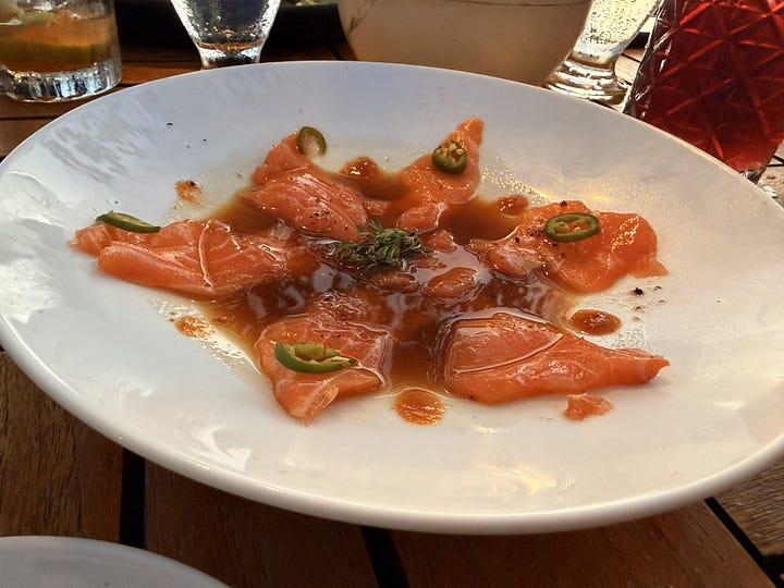 Coconut soup, salmon tiradito, white fish topped with escargots, octopus in ginger butter