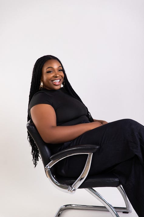 Photos of Paula posing for professional headshots and recording her podcast.