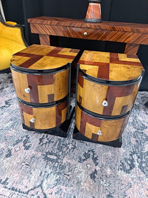 a green twisted bar stool, pair of art deco patchwork wood bedside tables, a chunky coffee table