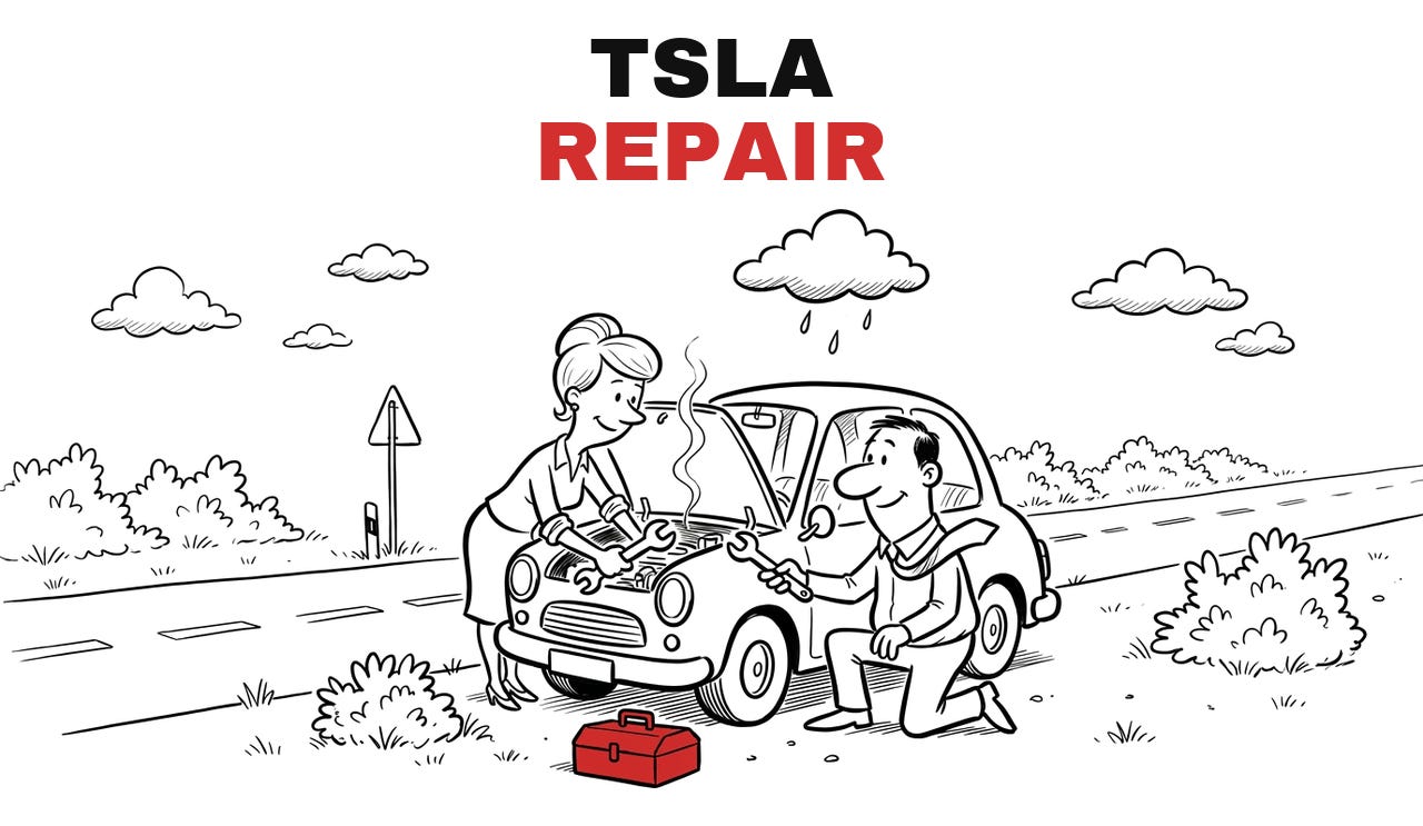 Trade Repair TSLA, Repair. Hand-drawn cartoon: the two of them repair a small car at the roadside under a rain cloud, a toolbox beside it. Trade Repair TSLA, Repair. Hand-drawn cartoon: the two of them repair a small car at the roadside under a rain cloud, a toolbox beside it.