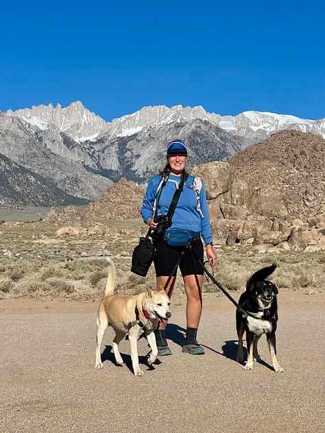 Photos of the Alabama Hills, Whitney Portal, and Lone Pine Lake including Liz and dogs