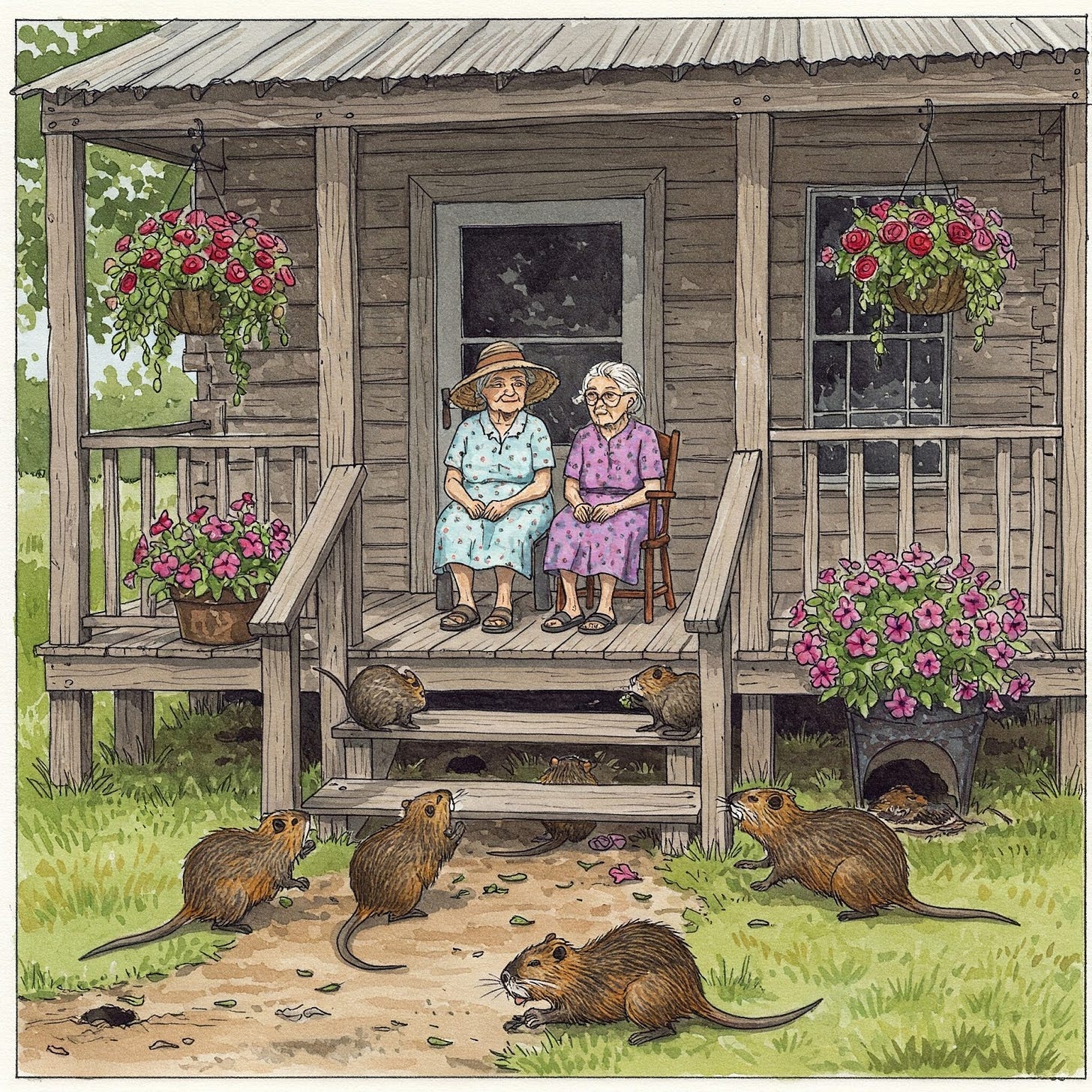 Image of two elderly women watching the nutria invading their property. Image of two elderly women watching the nutria invading their property.