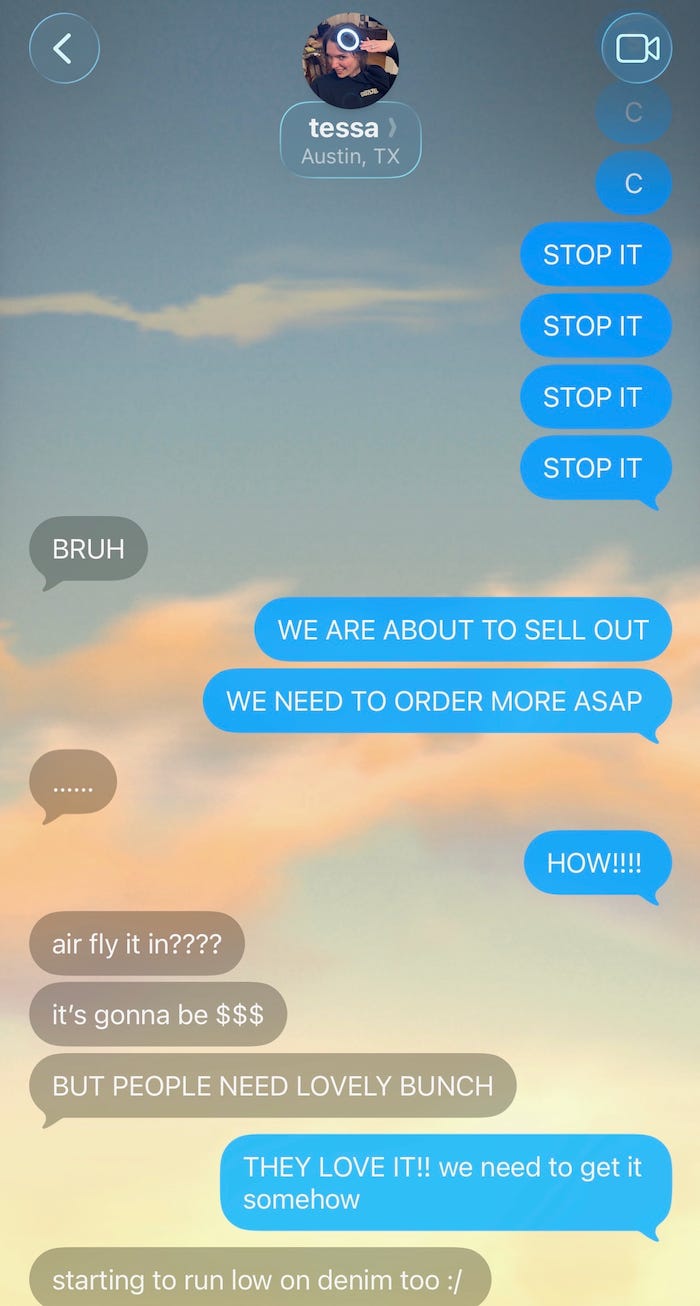 Text conversation between Benjie co-founders discussing selling out, ordering more inventory, air shipping product, and running low on  Denim Edit bandages.