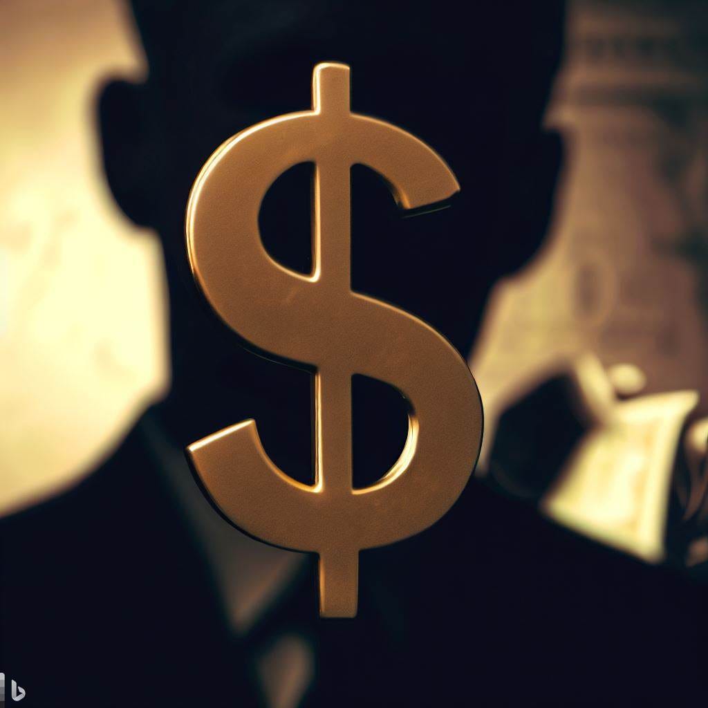 An image of a dollar symbol masks a mysterious character behind it