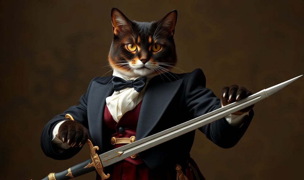 A black, orange, and white cat wearing a formal regency-era outfit with a sword positioned in front.