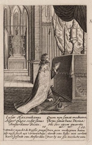 Het Mirakel van Amsterdam in 1345. Bezoek Keizer Maximiliaan aan de Heilige Stede. Techniek: gravure - Het Mirakel van Amsterdam in 1345. Bezoek Keizer Maximiliaan aan de Heilige Stede. Techniek: gravure -