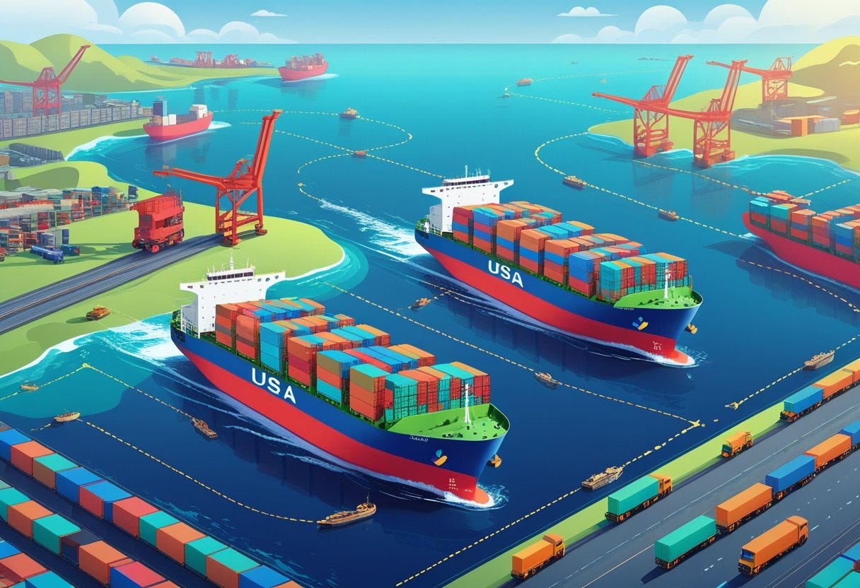 A cargo ship carrying containers crosses the ocean between China and the USA, with maps showing ports and shipping routes, along with trucks and trains representing transportation logistics. A cargo ship carrying containers crosses the ocean between China and the USA, with maps showing ports and shipping routes, along with trucks and trains representing transportation logistics.