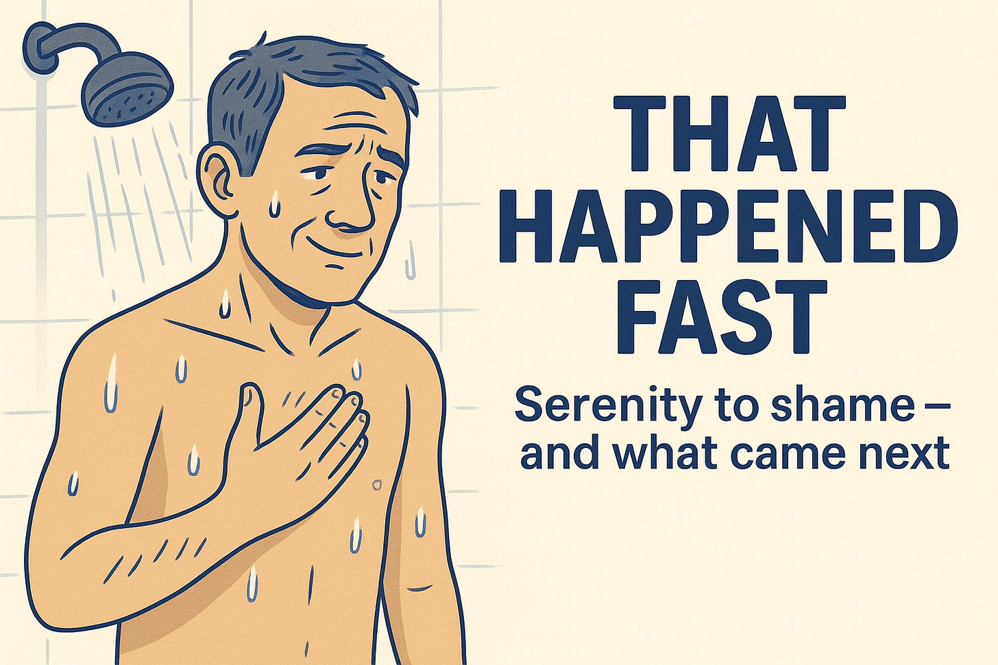 Illustration of a man standing under a shower, water dripping down, holding one hand to his chest with a reflective expression. Text beside him reads: “THAT HAPPENED FAST — Serenity to shame and what came next.”