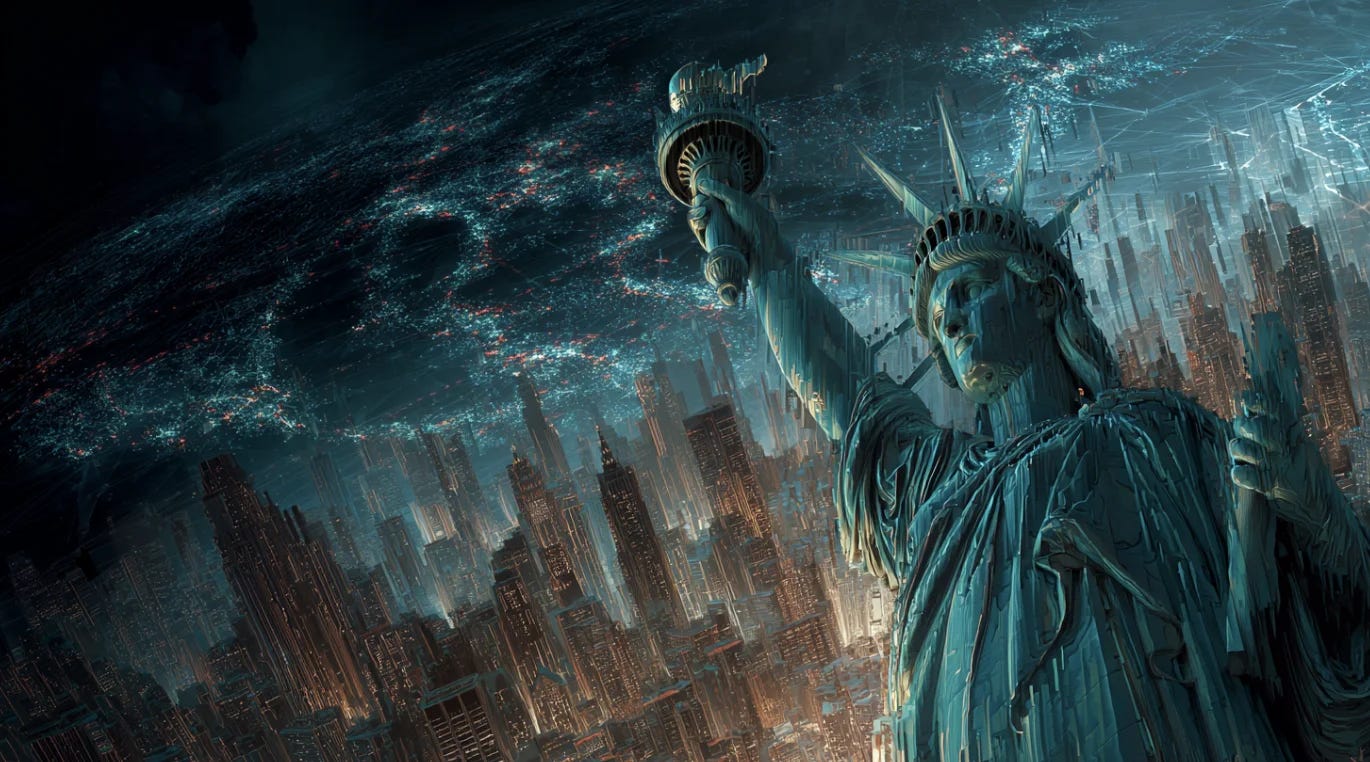 Statue of Liberty overlooking a futuristic New York skyline under a glowing digital sky, symbolizing America’s economic and technological future
