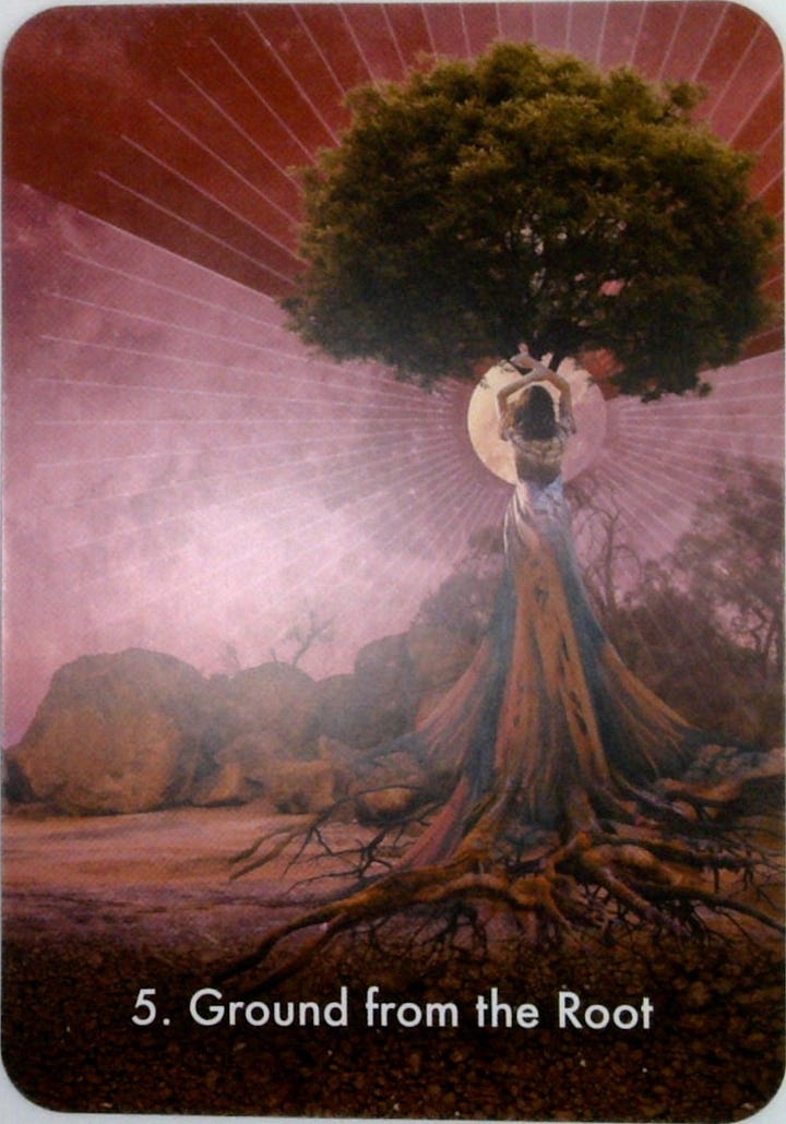 The Five of Wands tarot card and the Ground from the Root oracle card.