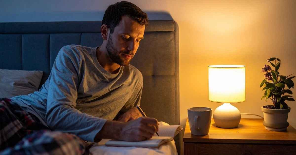 Man Writing in Journal in Bed at Night