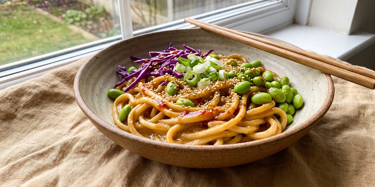 Spicy Peanut Noodles with Edamame & Shredded Chicken