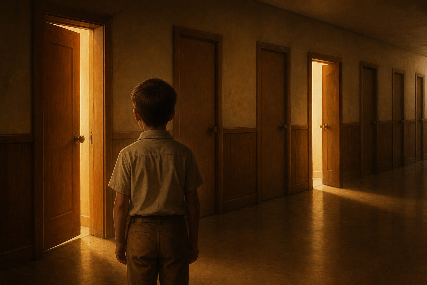 A boy stands in a dim hallway facing a row of closed doors, two of them open with warm light spilling out