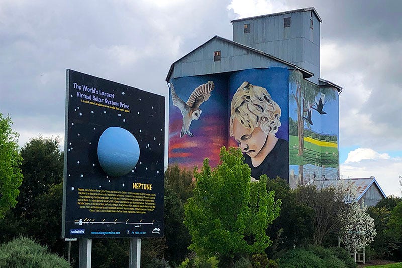 Some of the sights in the town of Dunedoo include the planet Neptune and a painted silo. Some of the sights in the town of Dunedoo include the planet Neptune and a painted silo.