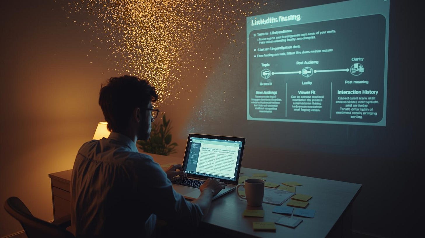 A person is sitting at a clean desk with a laptop open, but the screen shows something unusual. Lines of their LinkedIn post float upward from the screen as glowing text fragments, forming a loose cloud above their head. Each fragment reorganizes itself into clear categories labeled “Topic,” “Tone,” “Clarity,” and “Relevance.” The user watches the text reorganize with curiosity, not fear. Their posture is upright, with one hand resting on the keyboard and the other holding a coffee mug. Behind them, on a transparent wall, a projection displays how the algorithm might interpret the content. It shows a simplified feed ranking panel with boxes like “Likely Audience,” “Post Meaning,” “Viewer Fit,” and “Interaction History.” No code or math is shown, only clean, readable language. This reinforces the idea that the model reads natural text, not keywords. A warm desk lamp lights the scene, creating a calm atmosphere that contrasts with the usual frantic energy people bring to posting. Sticky notes on the side contain handwritten reminders such as “one idea only,” “short paragraphs,” and “clear first line,” reinforcing the practical side of the article. The whole image communicates how a person’s words become structured meaning in the algorithm’s view. A person is sitting at a clean desk with a laptop open, but the screen shows something unusual. Lines of their LinkedIn post float upward from the screen as glowing text fragments, forming a loose cloud above their head. Each fragment reorganizes itself into clear categories labeled “Topic,” “Tone,” “Clarity,” and “Relevance.” The user watches the text reorganize with curiosity, not fear. Their posture is upright, with one hand resting on the keyboard and the other holding a coffee mug. Behind them, on a transparent wall, a projection displays how the algorithm might interpret the content. It shows a simplified feed ranking panel with boxes like “Likely Audience,” “Post Meaning,” “Viewer Fit,” and “Interaction History.” No code or math is shown, only clean, readable language. This reinforces the idea that the model reads natural text, not keywords. A warm desk lamp lights the scene, creating a calm atmosphere that contrasts with the usual frantic energy people bring to posting. Sticky notes on the side contain handwritten reminders such as “one idea only,” “short paragraphs,” and “clear first line,” reinforcing the practical side of the article. The whole image communicates how a person’s words become structured meaning in the algorithm’s view.