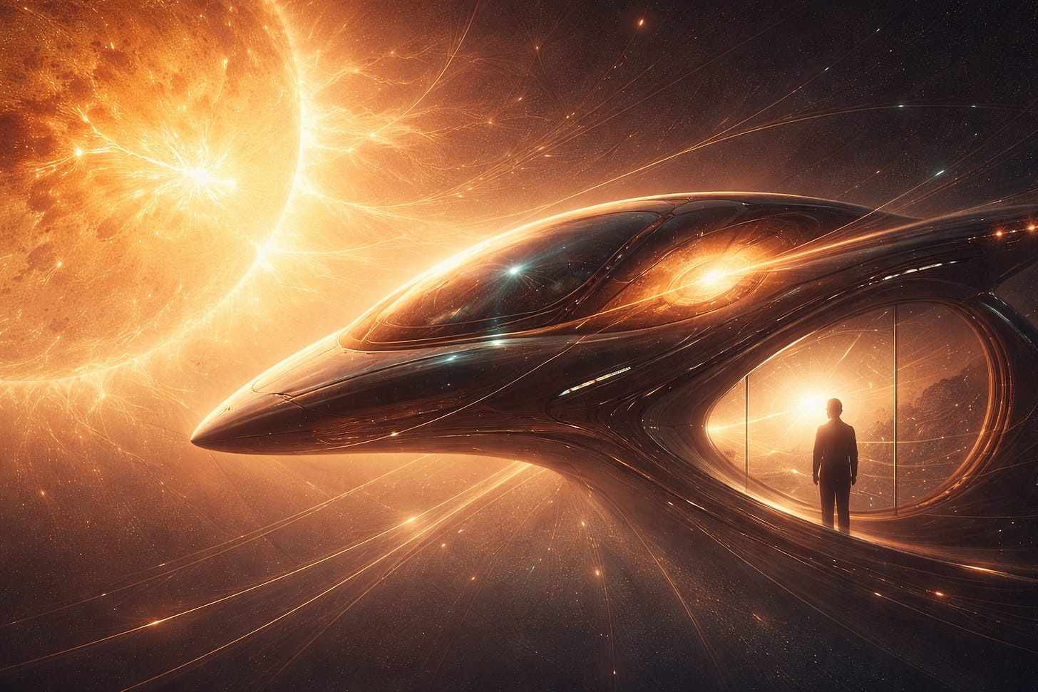 A symbolic digital painting in a 2:1 landscape format. A sleek, futuristic spacecraft drifts near the radiant Sun, bathed in golden solar light. The ship glows subtly from within, suggesting emerging consciousness. A solitary human figure stands inside, silhouetted against a large viewport, gazing outward in quiet communion. Faint pulses of light radiate from the ship into space, symbolizing emotional awareness and inner transformation. The color palette blends deep blues, luminous golds, and soft whites, evoking warmth, solitude, and awe. A symbolic digital painting in a 2:1 landscape format. A sleek, futuristic spacecraft drifts near the radiant Sun, bathed in golden solar light. The ship glows subtly from within, suggesting emerging consciousness. A solitary human figure stands inside, silhouetted against a large viewport, gazing outward in quiet communion. Faint pulses of light radiate from the ship into space, symbolizing emotional awareness and inner transformation. The color palette blends deep blues, luminous golds, and soft whites, evoking warmth, solitude, and awe.