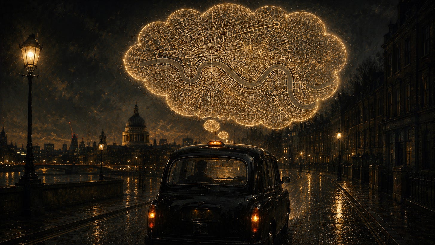 A classic London black cab drives through a rain-slicked street at dusk, seen from slightly above and behind. The driver is silhouetted through the rear window. Floating above the cab is a softly glowing thought bubble filled entirely with an extraordinarily detailed hand-drawn street map of London, with countless roads, intersections and the winding River Thames. The intricate map is the brightest element in the scene, illuminating the dark, cinematic streetscape of warm amber reflections and deep blue-black shadows. A classic London black cab drives through a rain-slicked street at dusk, seen from slightly above and behind. The driver is silhouetted through the rear window. Floating above the cab is a softly glowing thought bubble filled entirely with an extraordinarily detailed hand-drawn street map of London, with countless roads, intersections and the winding River Thames. The intricate map is the brightest element in the scene, illuminating the dark, cinematic streetscape of warm amber reflections and deep blue-black shadows.