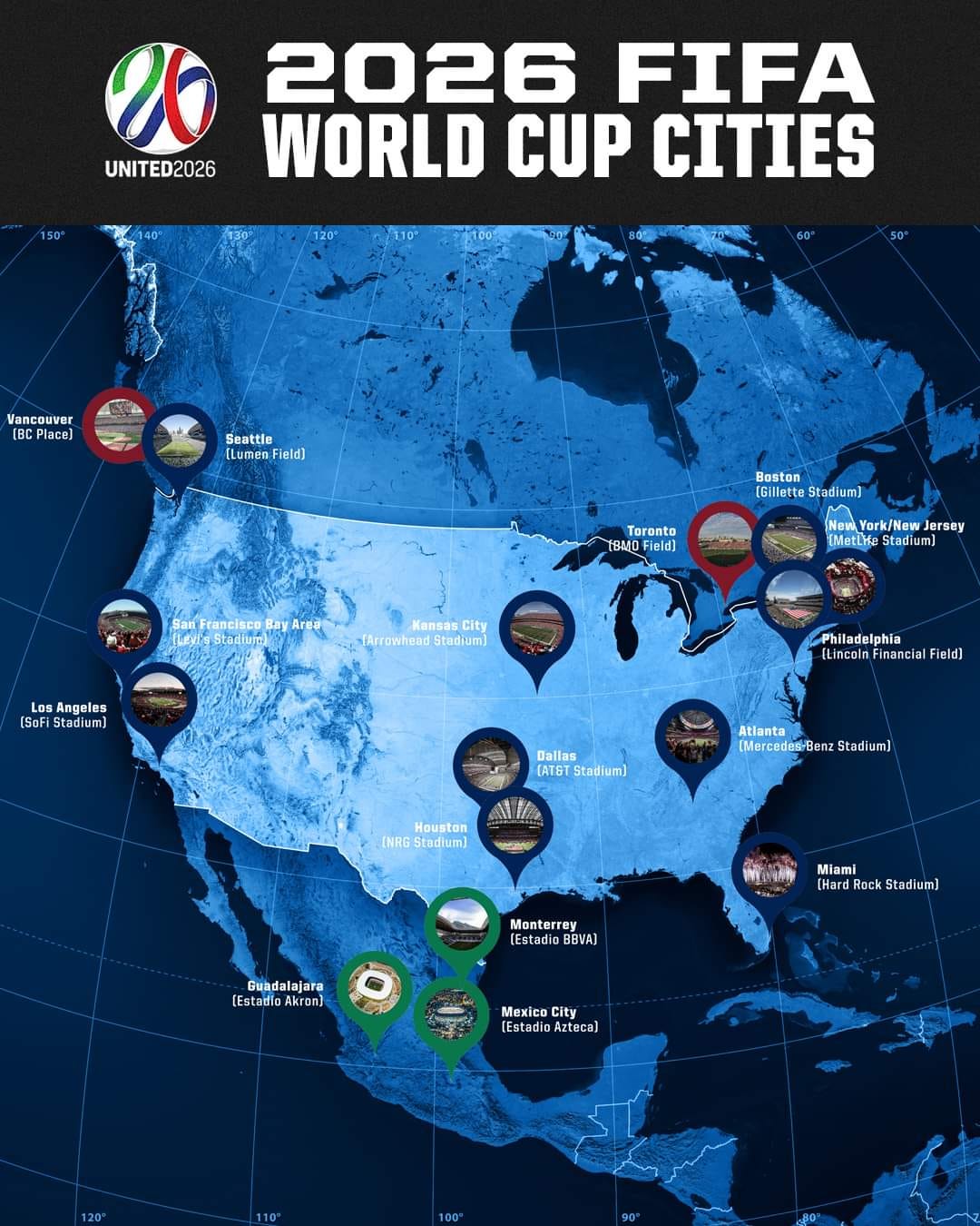 A map of the 16 hosts of the 2026 World Cup A map of the 16 hosts of the 2026 World Cup