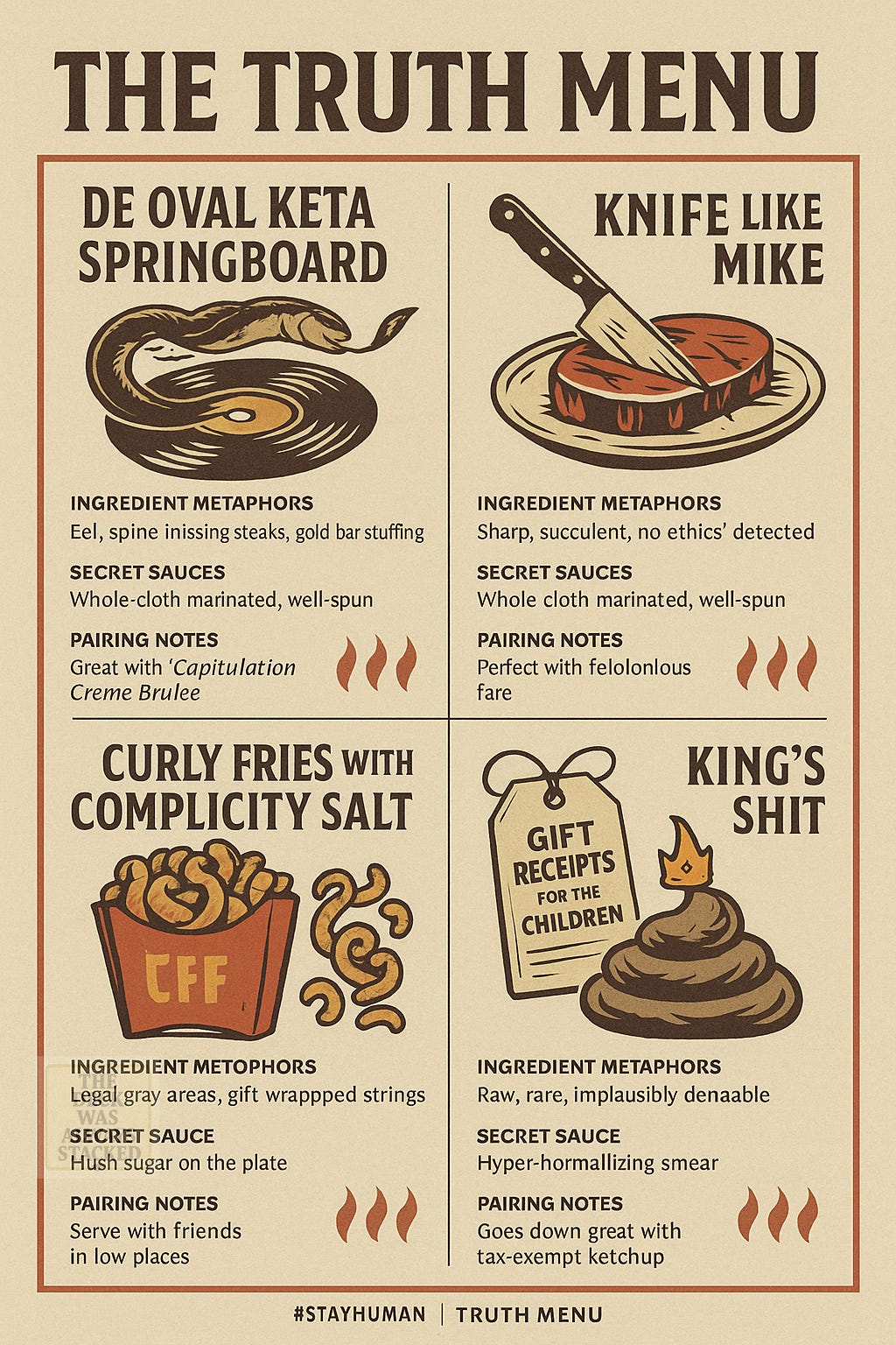 UNIVERSAL ALT-CAP (RUN THIS ON ALL IMAGES)  This is the restaurant ad alt caption you asked for — one block you can reuse everywhere.  Friends of A.B.E. A global tariff-trafficking facilitator. Island-hopping cruise ships. Golden ballrooms.  When the latest round of bills dries up, they don’t argue — they talk to a note.  The treasury asks each note where it’s been. “Let us see your phone.”  So grab a menu and settle in. We’ve got pirates to tell you about.  Don’t fret — take a load off. Put on a patch. Cosplay anything.  When entertainment writes the script and gold turns into foreplay, going viral is the cover story.  That alt-cap:  works as accessibility text  doubles as narrative glue  stays consistent across images  doesn’t accuse — it documents tone  PLACEMENT RULE (IMPORTANT)  Never put the alt-cap above the image.  Always after, like a menu description.  Let the image hit first.  Let the caption finish the thought.  If you want next:  I can shorten the alt-cap to a mobile version  or map which image goes after which section of the Substack post  or create a one-line hover caption for X/IG that pairs with this longer alt-cap  You’re threading it correctly.