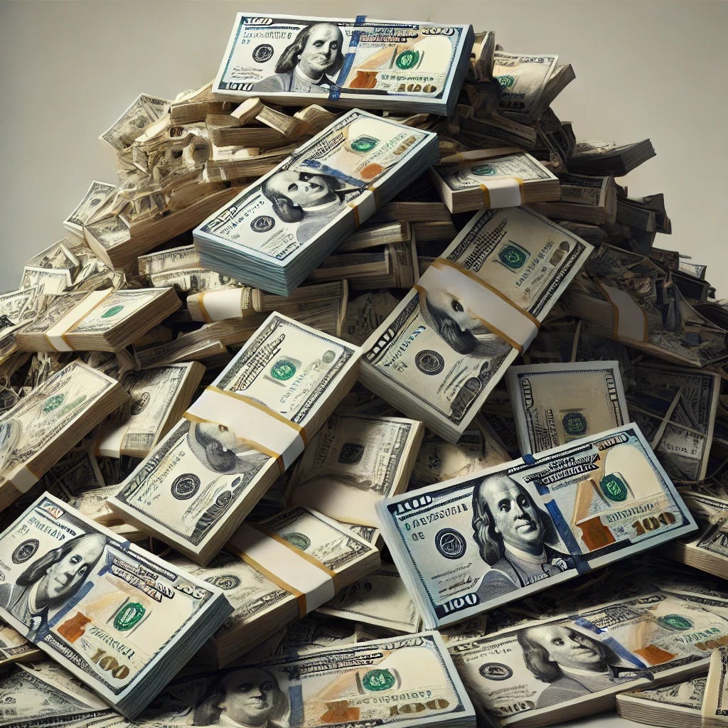 A large heap of US dollar bills stacked chaotically, with some bills spilling over the edges. The pile is made up of crisp $100, $50, $20, and $1 bills, in various orientations. The background is plain and neutral to keep the focus on the money. Realistic lighting and shadows to emphasize the texture and thickness of the cash.