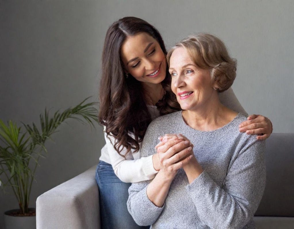 White 77-year-old mother smiles off camera as she is embraced from behind by her smiling, brunette daughter, who has her left arm around her mother. Both make a three-handed fist in the forefront of photo, showing love and solidarity