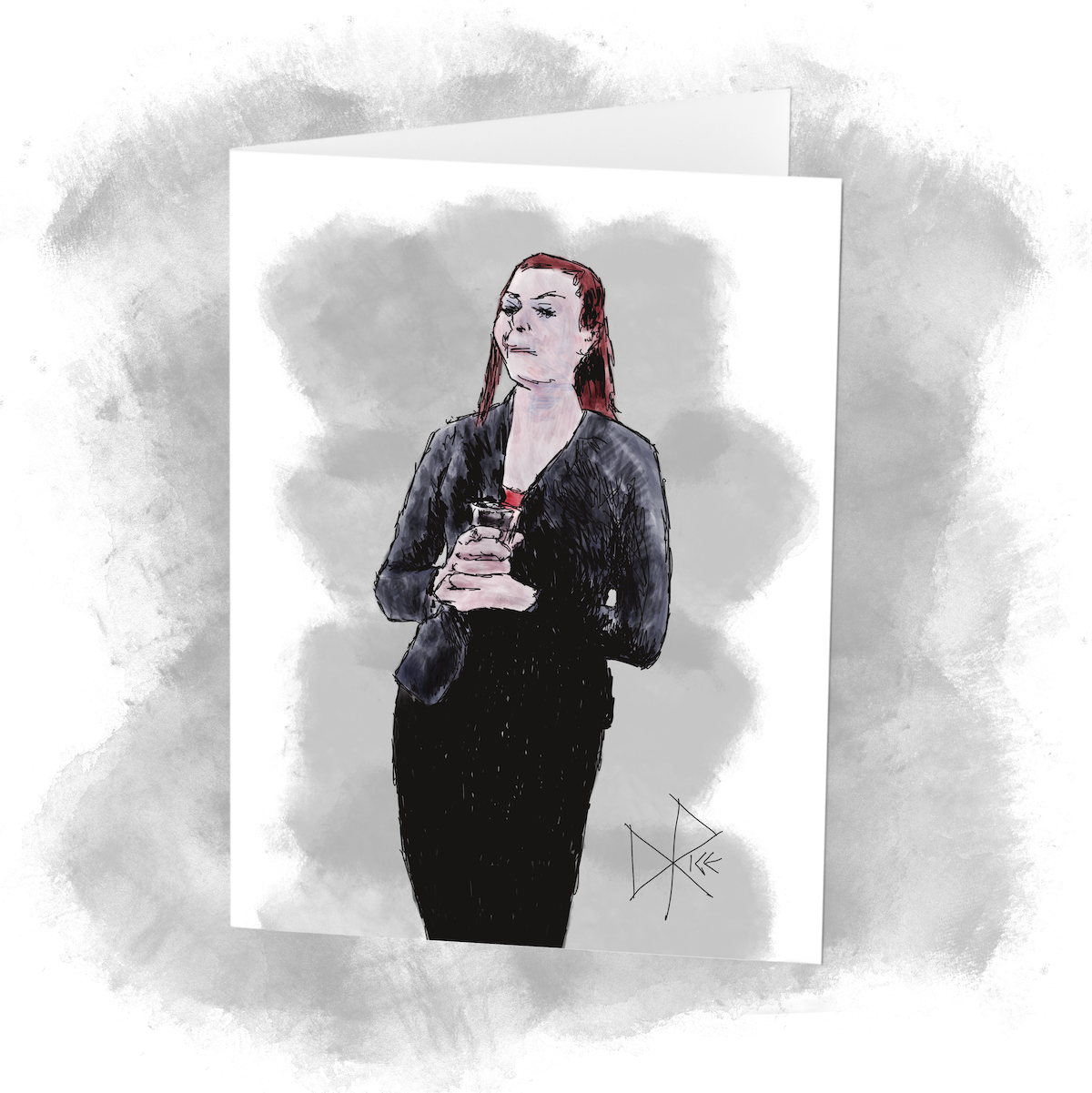 A woman in a dark suit stands alone with her eyes temporarily closed, cradling a clear plastic cup in her hands as she savours her drink. Sketch art by Don Rice.
