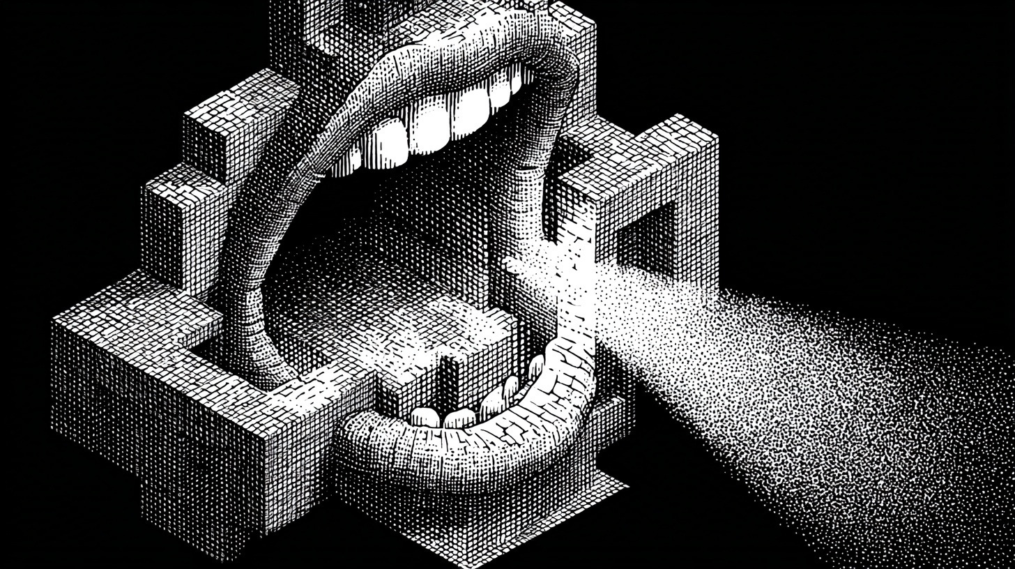 Isometric illustration showing abstract architectural blocks with dotted pattern textures in black and white