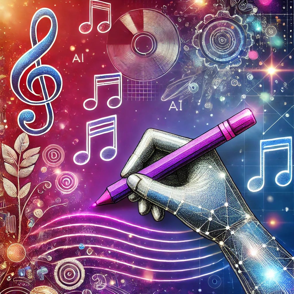 A vibrant, modern illustration showing a hand drawing digital elements like text, images, and musical notes on a canvas using a purple crayon, symbolizing creativity powered by generative AI. The illustration should have a futuristic and artistic style, with elements representing writing, art, and technology.