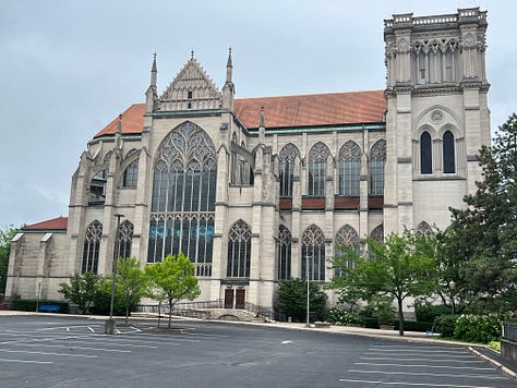 Mural on Rosie's Social Club, Glockenspeil at Goebel Park, Goose Girl Fountain, Street sign reflecting WWII anti-German changes, statuary detail at Mother of God church, Mural of Mainstrasse, Cathedral Basilica, Strasse Haus