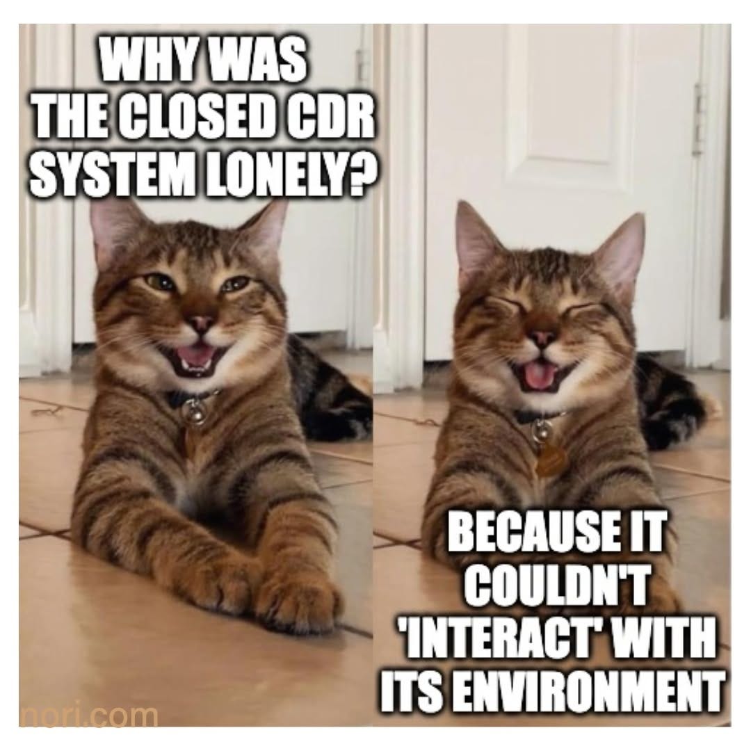 Two photos of a grinning cat. Top text: "Why was the closed CDR system lonely?" Bottom text: "Because it couldn't 'interact' with its environment".