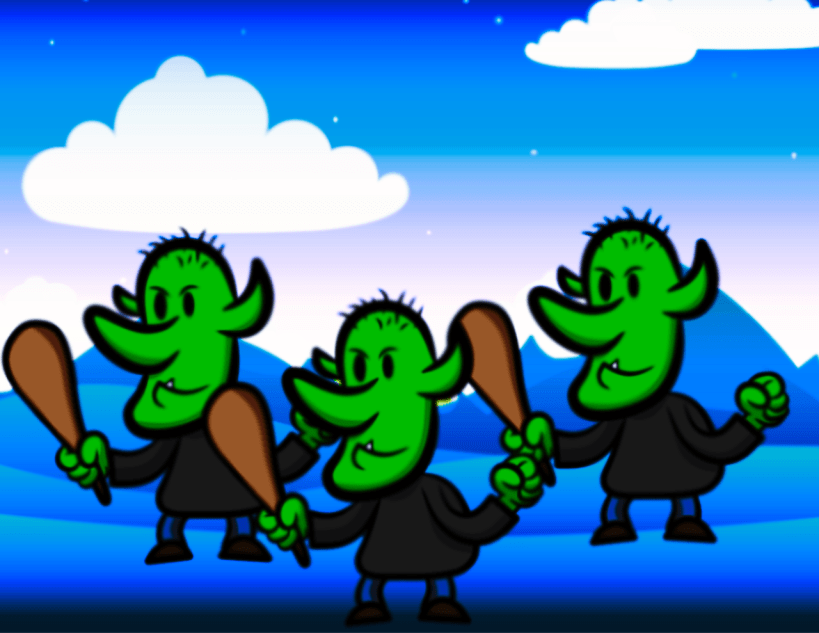 Three cartoon Goblins in front of a cartoon landscape. Three cartoon Goblins in front of a cartoon landscape.