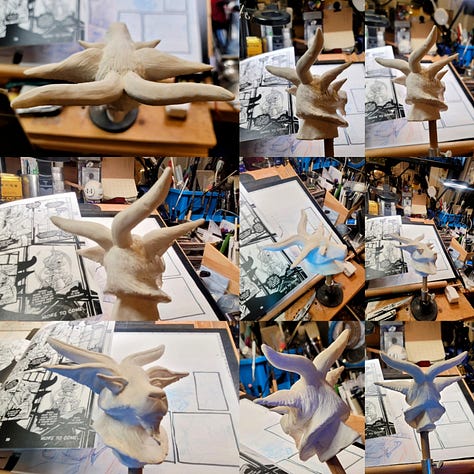 A photo set of WIP for a modeling bust of a fantasy fay, goat soldier character I have to draw a lot. Made to make doing that much easier and quicker.