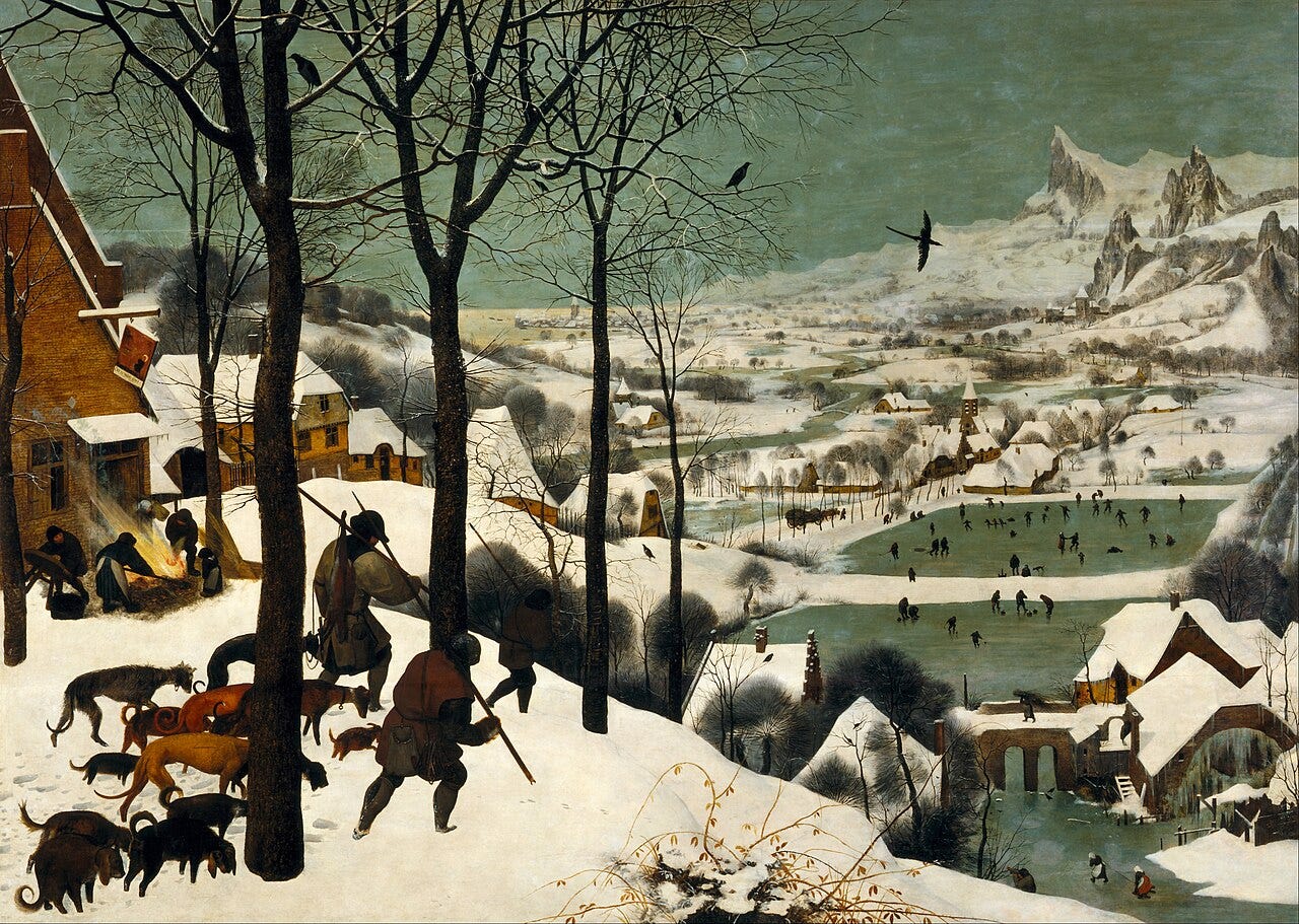 Hunters and dogs descending toward a frozen valley in haze Hunters and dogs descending toward a frozen valley in haze