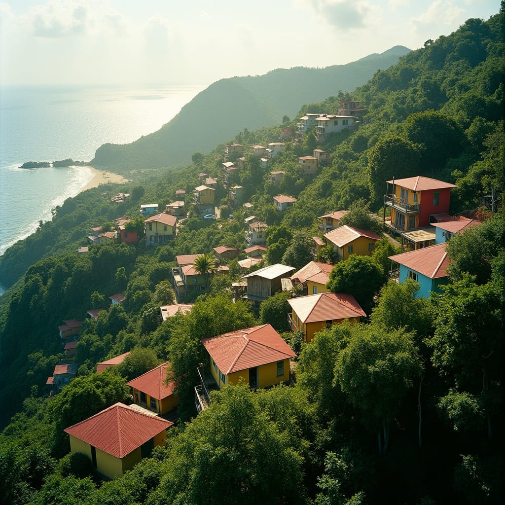 Jamaican village, sprawling horizontally across a lush hillside, with brightly colored buildings and rustic wooden homes Jamaican village, sprawling horizontally across a lush hillside, with brightly colored buildings and rustic wooden homes