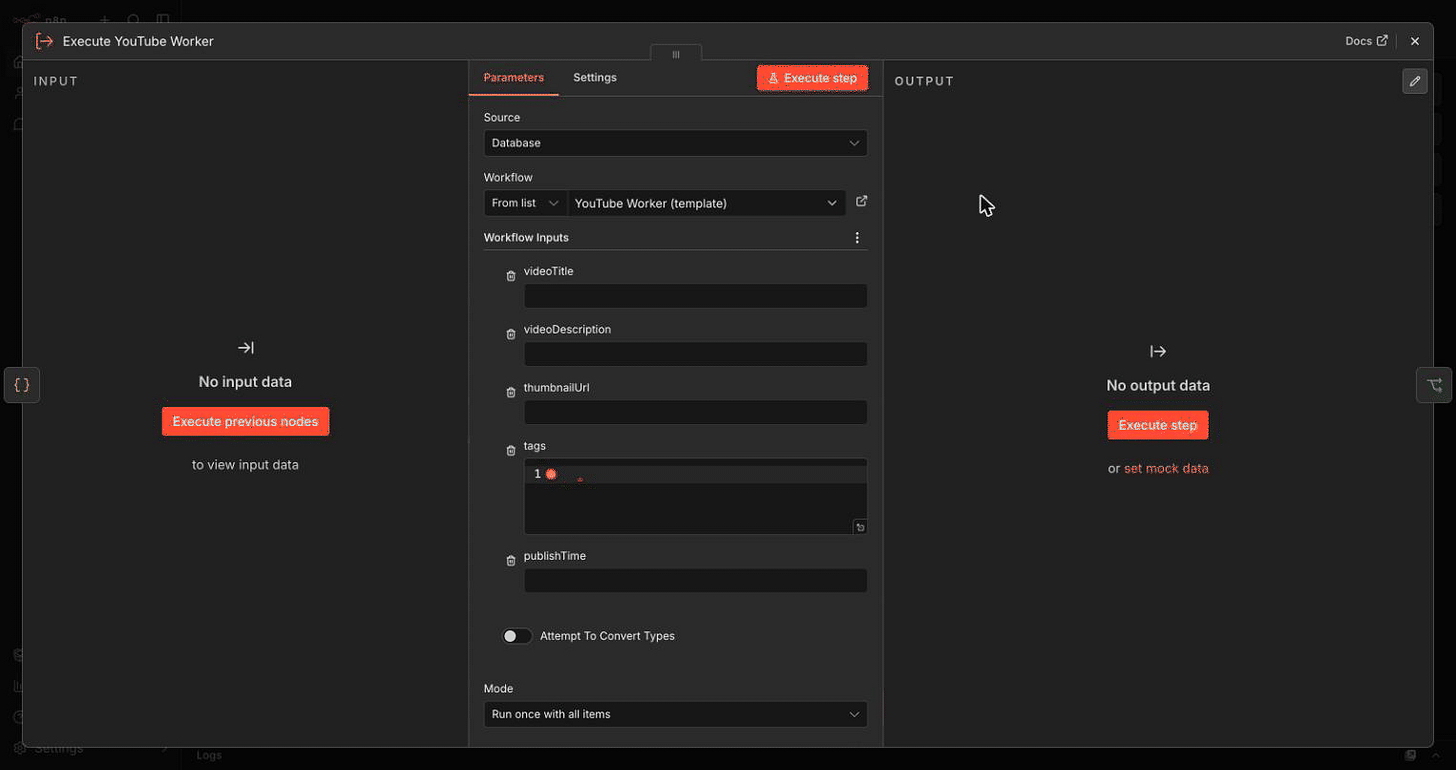 The Execute YouTube Worker node on the deployed orchestrator. Its Workflow Inputs panel has pulled in the five fields the worker declared, videoTitle through publishTime, without anyone typing them. Scrolling down reveals the Wait For Sub-Workflow Completion toggle switched on