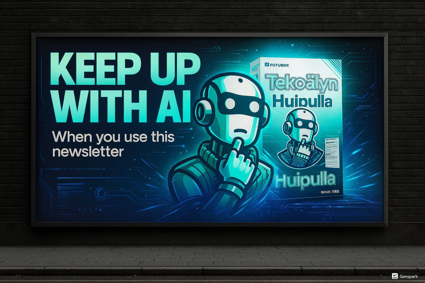 Design a striking, high-impact street advertisement in 16:9 format for Tekoalyn Huipulla AI newsletter. Make it BOLD and attention-grabbing with:

- Dramatic contrast and powerful visual hierarchy
- Large, impactful typography that screams "AI INNOVATION"
- The robot character as a hero element, larger and more dynamic
- Strong use of teal/turquoise gradients and electric blue accents
- Dark background for maximum contrast and street visibility
- "KEEP UP WITH AI" as the main headline in huge, bold letters
- "When you use this newsletter" as supporting text
- Modern tech UI elements, holographic effects, and digital patterns
- Product box integrated seamlessly into the design
- Electric energy, motion lines, or digital particle effects
- Professional but aggressive design that demands attention
- Optimized for viewing from cars and pedestrians at street level

Make it look like a premium tech product launch advertisement that would stop people in their tracks.