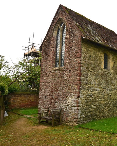 Nine pictures showing the interior of Old Soar Manor including exposed beam ceilings, original doors, a font for the chapel, and remnants of wall paintings