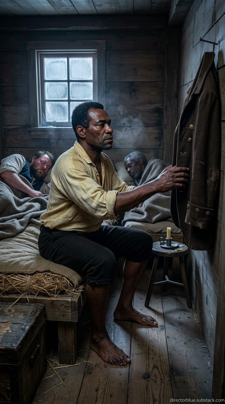 IMAGE PROMPT FOR UNIVERSITY HISTORY CLASS REENACTMENT H201 Photorealistic 9x16 vertical image Interior of a cramped low-ceilinged colonial-era boarding house room circa 1770 Boston Pre-dawn darkness lit only by the faintest gray light filter_image_1