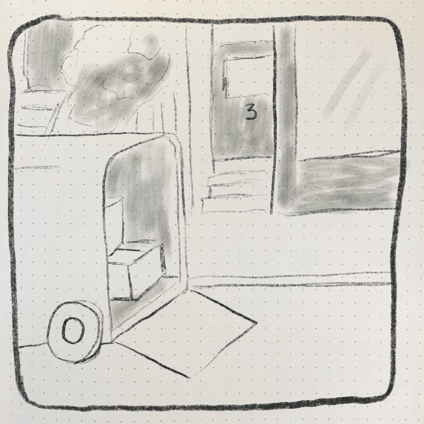 A drawing of a moving van loaded with some boxes in front of a door with the no. 3 on it.