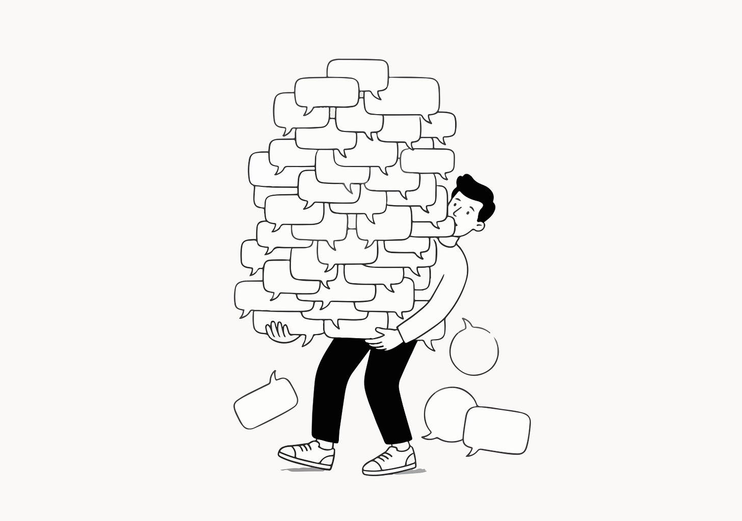 Man struggling to carry a huge stack of speech bubbles.