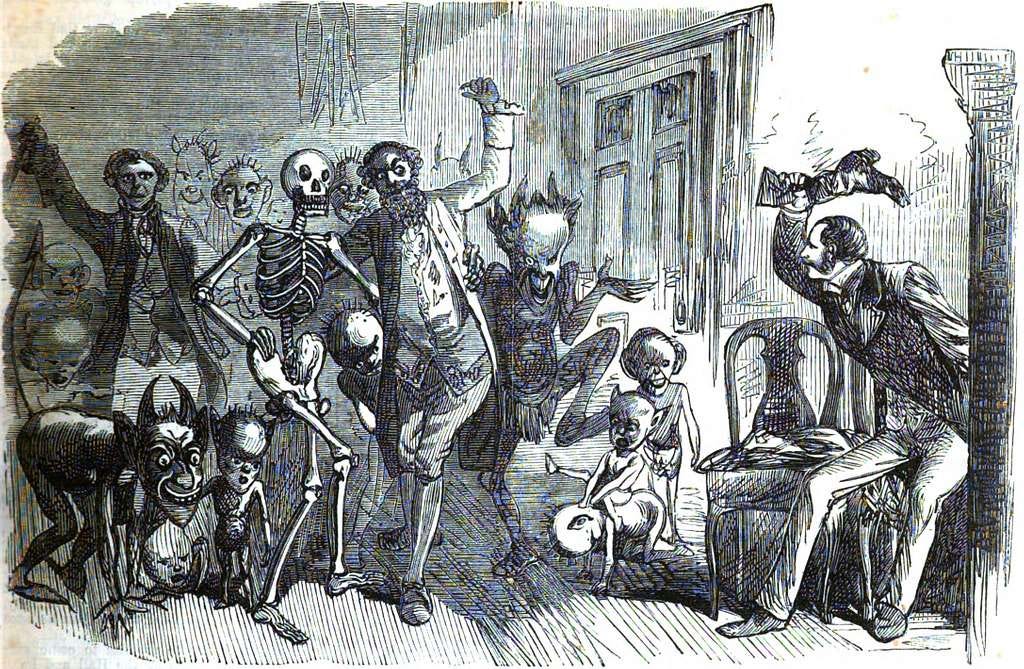 Demons and Elves of Every Size and Kind Danced Across the Room with one man waving a boot at them to keep them away