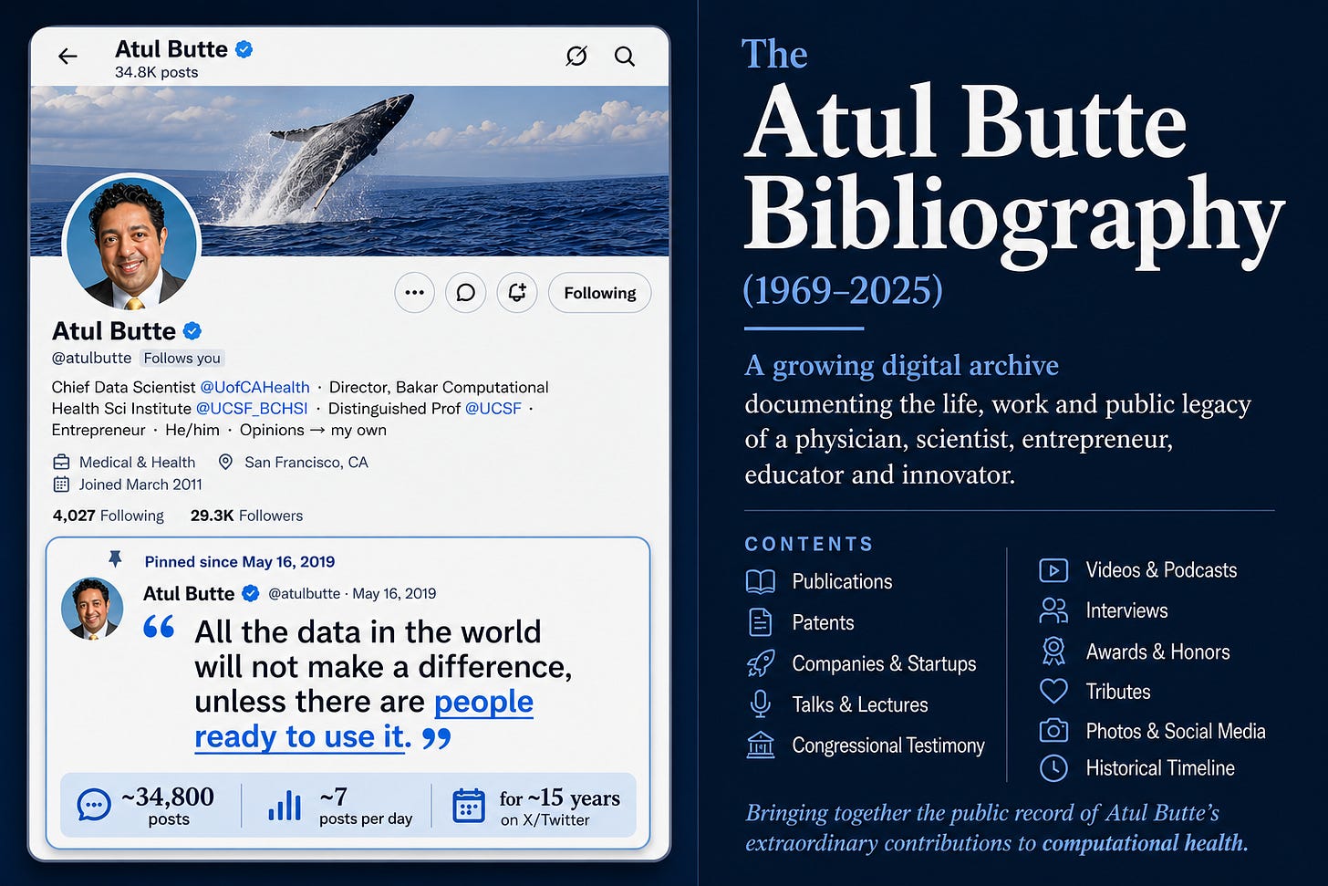 Atul Butte X/Twitter page showing the pinned post, referenced in the caption, and the words" Atul Butte Bibliography" - and the talks, photos, historical timeline and other material which are part of a growing digital record of his works Atul Butte X/Twitter page showing the pinned post, referenced in the caption, and the words" Atul Butte Bibliography" - and the talks, photos, historical timeline and other material which are part of a growing digital record of his works