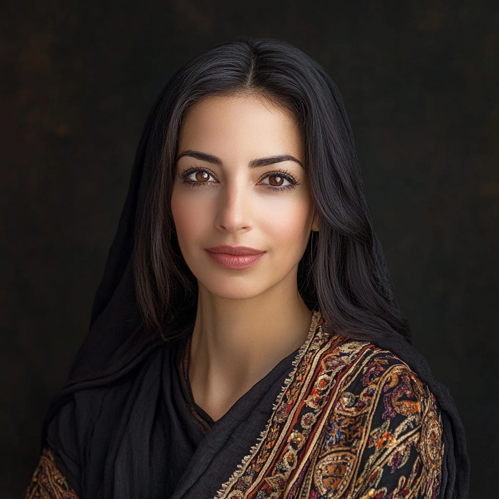 A reimagined portrait of Liat Portal created using MidJourney, featuring long dark hair, a black embroidered shawl with intricate gold and red patterns, set against a softly lit dark background.