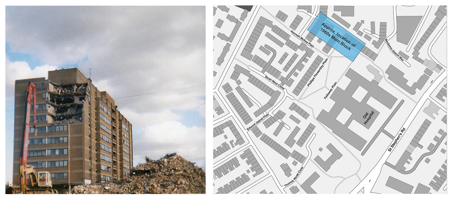 Demolition of the ‘Main Block’ building after 2003. Modern plan of "Fellowes Plain" development showing location of the old ‘Main Block’ building. Demolition of the ‘Main Block’ building after 2003. Modern plan of "Fellowes Plain" development showing location of the old ‘Main Block’ building.