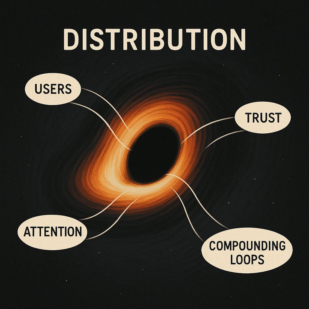 Diagram of distribution illustrated as a black hole pulling in users, attention, trust, and compounding loops, representing distribution as the strongest force in AI startup growth.