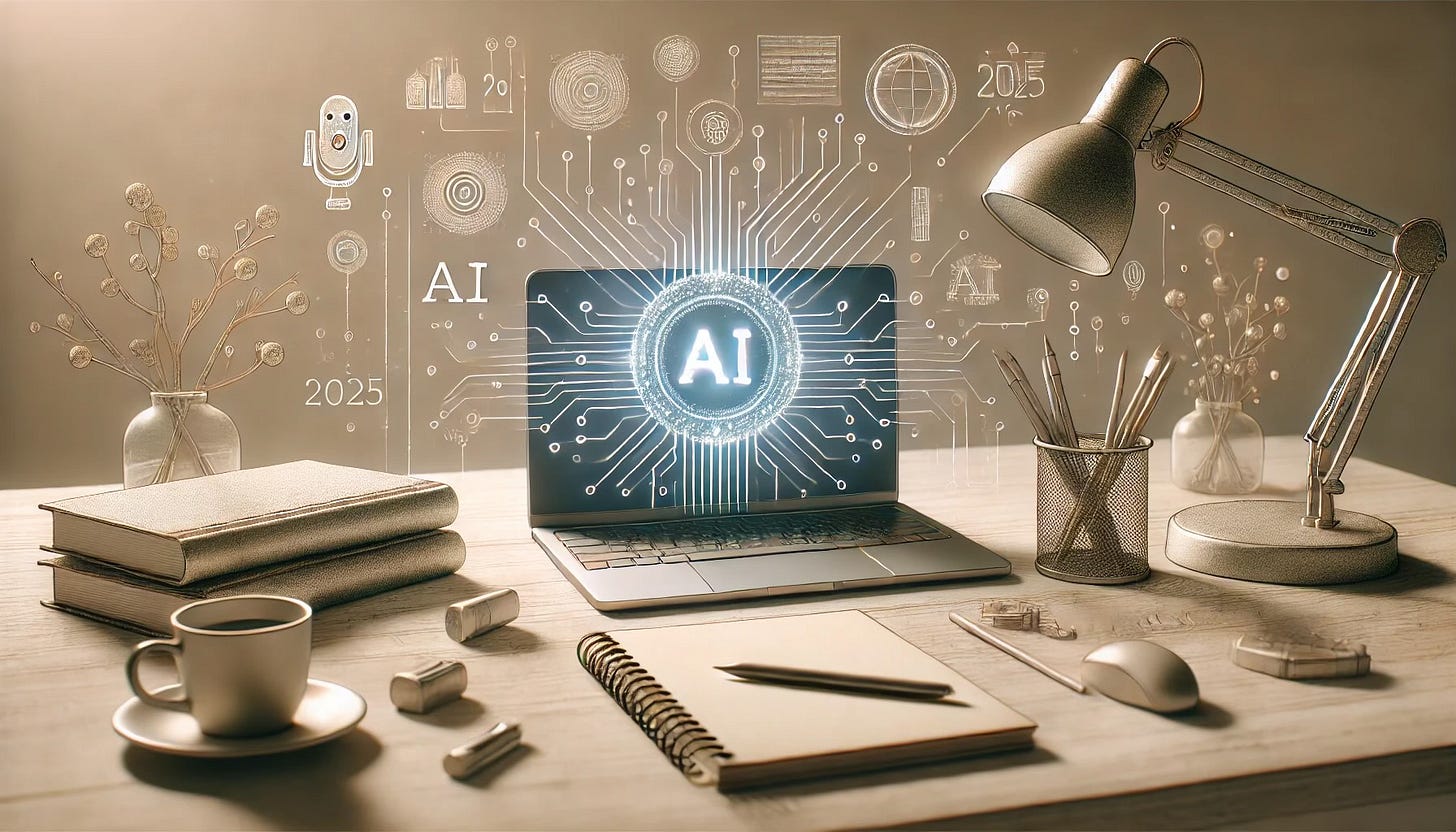 An artistic minimalist illustration depicting the integration of AI into creative writing processes. The scene features a clean desk setup with a glowing laptop emitting a soft digital light, symbolizing AI. Surrounding the laptop are faint outlines of creative tools such as a pen, notebook, and books, seamlessly blended with digital elements like binary code and circuit patterns. The muted background emphasizes simplicity and focus, evoking a sense of innovation and inspiration in the modern creative process.